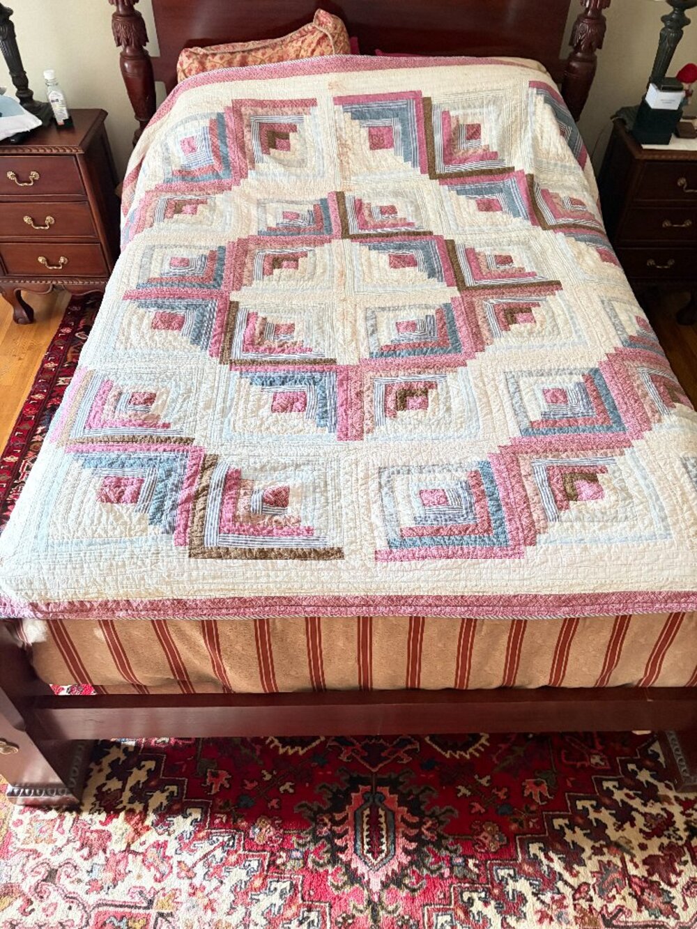 Log Cabin Quilt 85" x 85" Pink Peach Blue Full to Queen Size